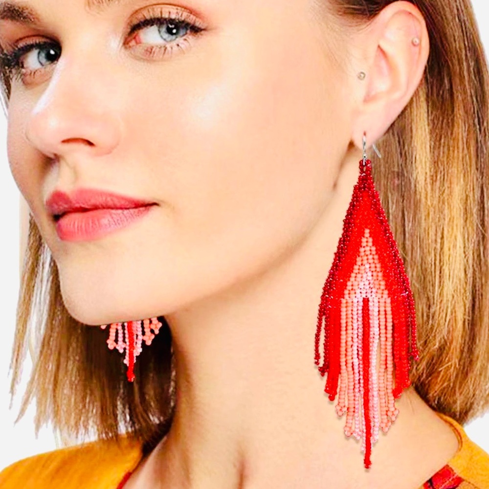 Free People Red and Pink Beaded Fringe Earrings